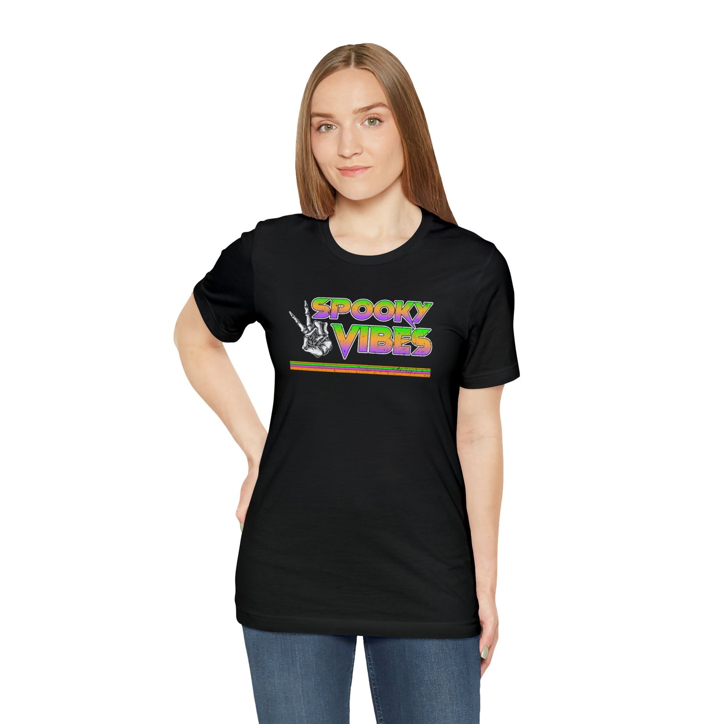 Retro Spooky Vibes Halloween Tee, Retro Halloween tee, Spooky Vibes T-Shirt, Skeleton Hand Peace Sign