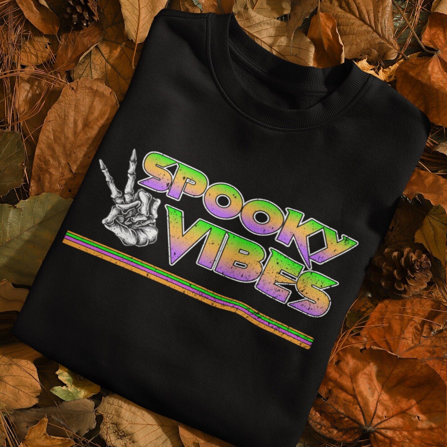 Retro Spooky Vibes Halloween Tee, Retro Halloween tee, Spooky Vibes T-Shirt, Skeleton Hand Peace Sign