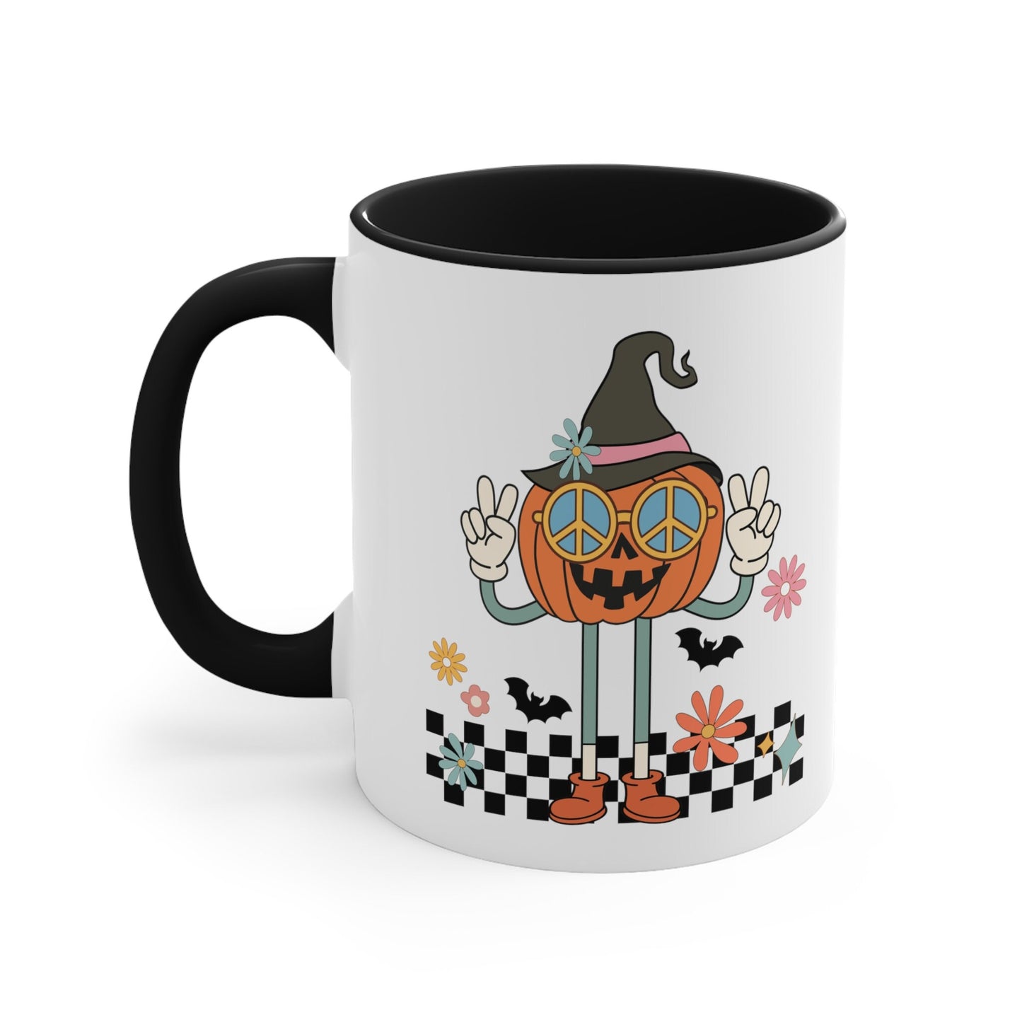 Retro Pumpkin Giving Peace Sign Mug, Vintage Vibes Pumpkin Mug, Retro Autumn Mug, 70's Style Peace Pumpkin Mug, Collectible Art Mug