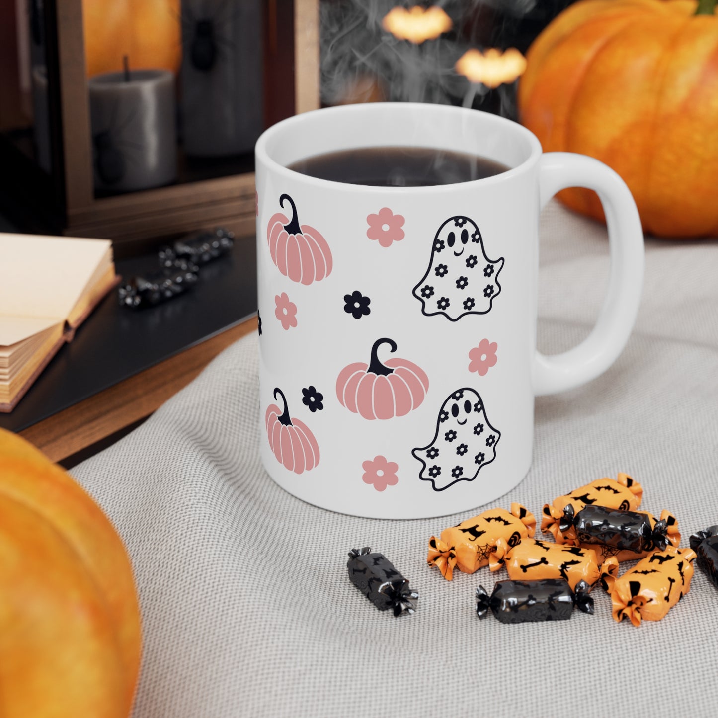 Pink Pumpkin and Ghost Fall Mug, Black and Pink Floral Design, Spooky and Sweet Mug, Artistic Ghost and Pumpkin Mug, Coffee Lovers Fall Mug