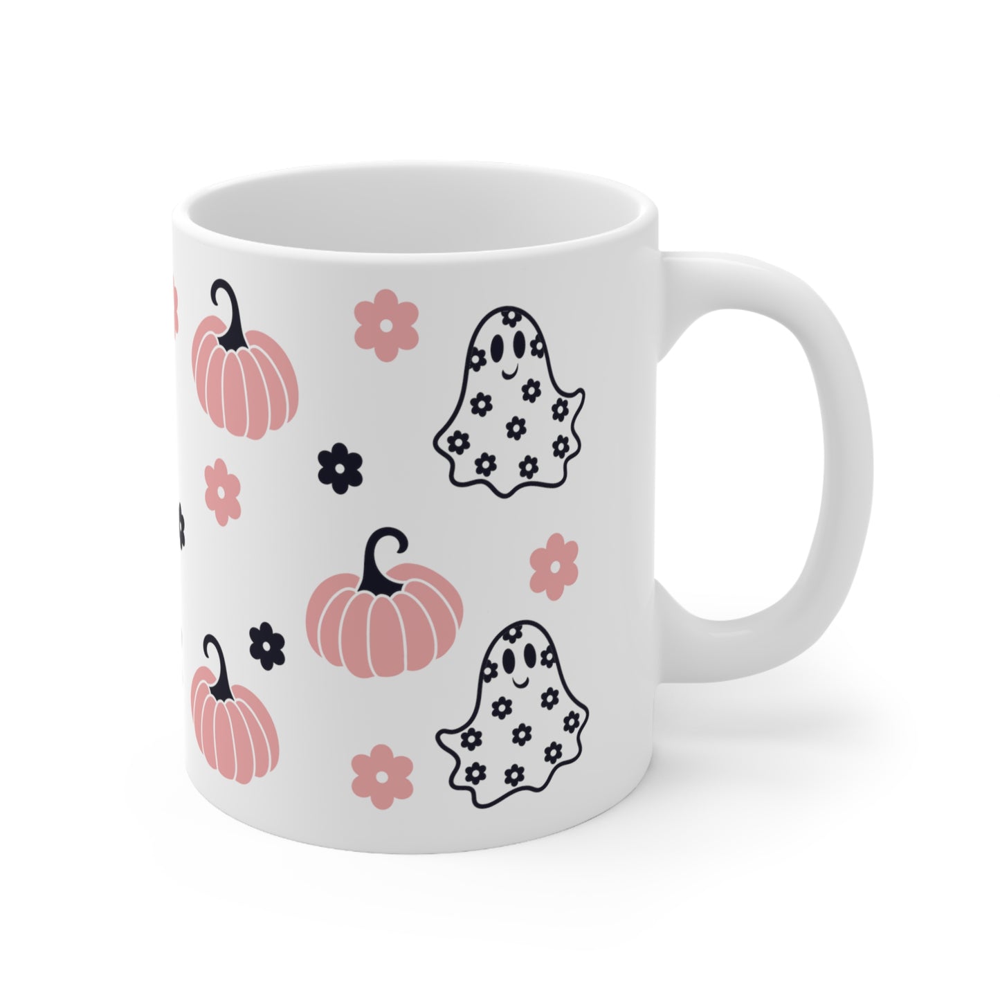 Pink Pumpkin and Ghost Fall Mug, Black and Pink Floral Design, Spooky and Sweet Mug, Artistic Ghost and Pumpkin Mug, Coffee Lovers Fall Mug