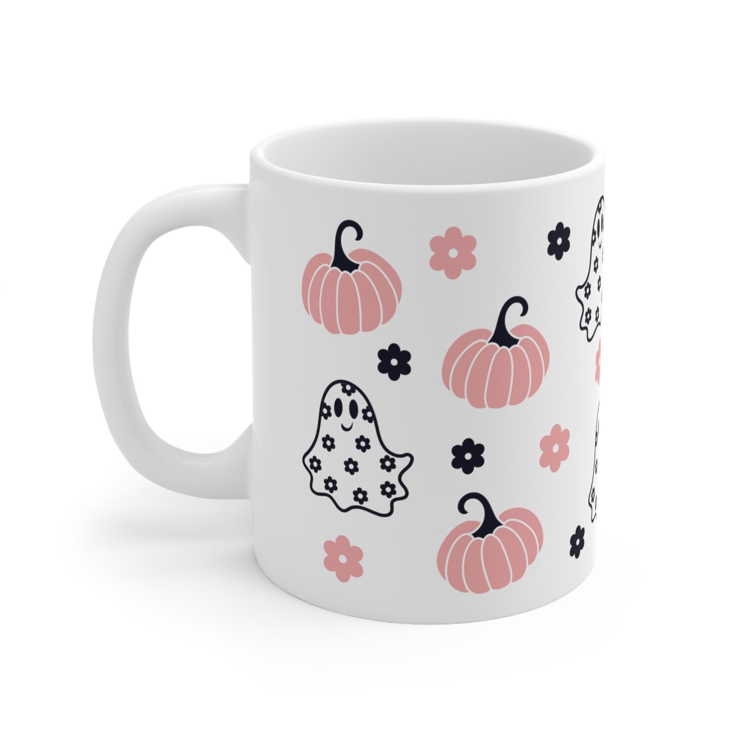 Pink Pumpkin and Ghost Fall Mug, Black and Pink Floral Design, Spooky and Sweet Mug, Artistic Ghost and Pumpkin Mug, Coffee Lovers Fall Mug