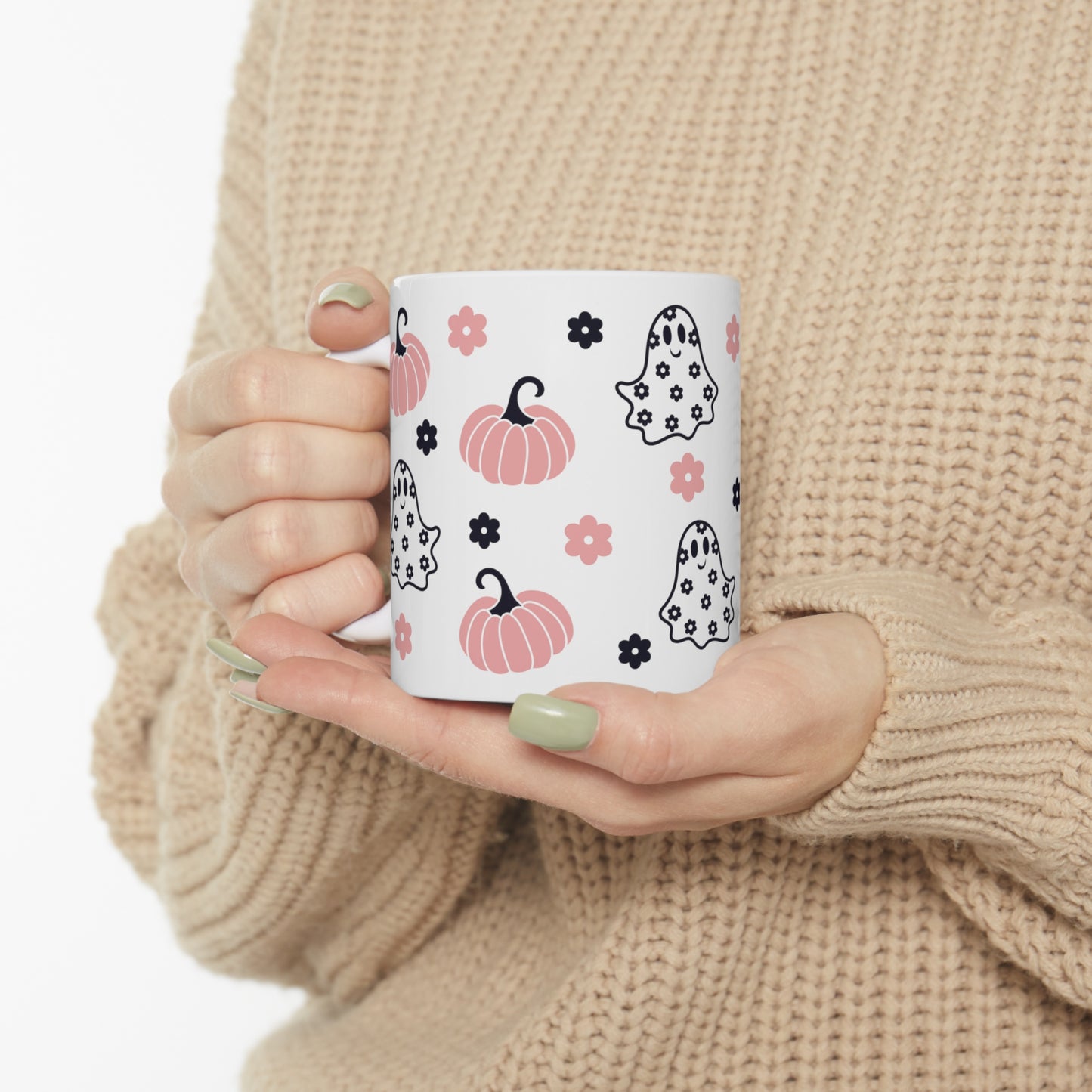 Pink Pumpkin and Ghost Fall Mug, Black and Pink Floral Design, Spooky and Sweet Mug, Artistic Ghost and Pumpkin Mug, Coffee Lovers Fall Mug