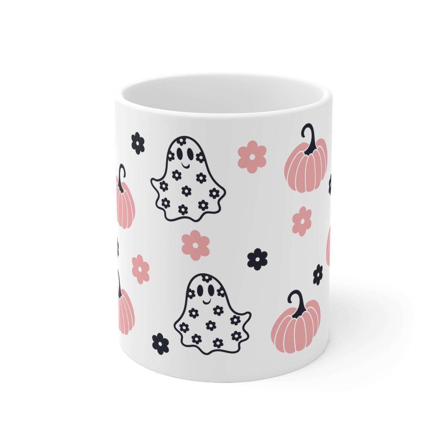 Pink Pumpkin and Ghost Fall Mug, Black and Pink Floral Design, Spooky and Sweet Mug, Artistic Ghost and Pumpkin Mug, Coffee Lovers Fall Mug