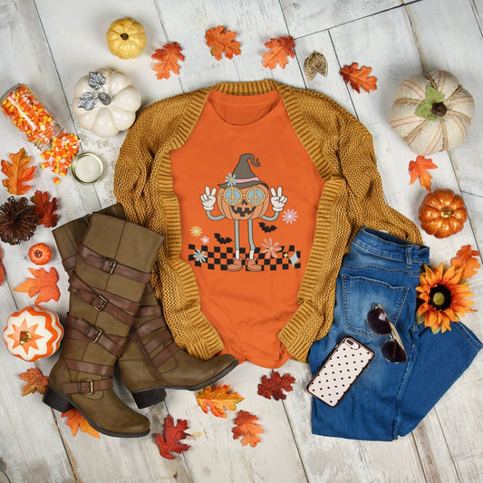 Retro Peace Sign Pumpkin T-Shirt, Nostalgic Halloween Tee, Retro Peaceful Pumpkin Design, Halloween T-Shirt, 70's Inspired Pumpkin Tee,