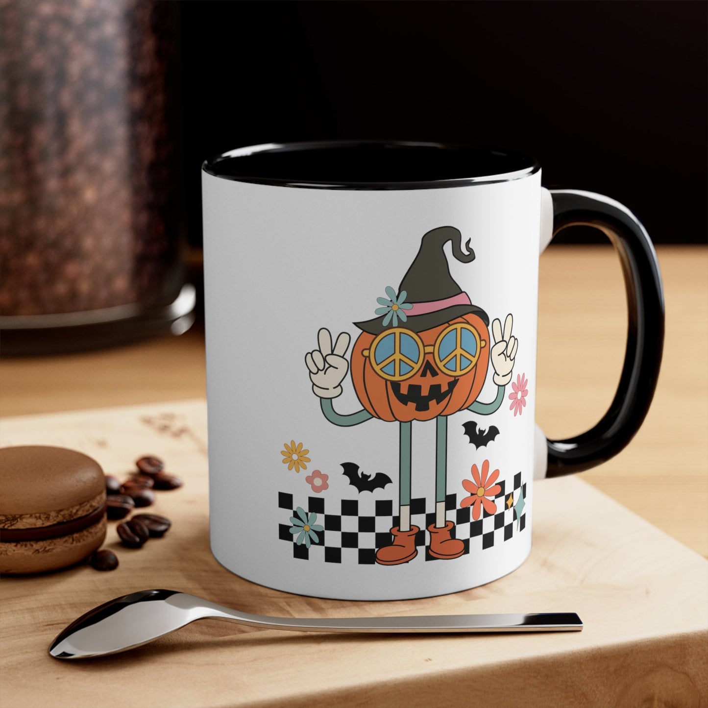 Retro Pumpkin Giving Peace Sign  Mug, Vintage Vibes Pumpkin Mug, Retro Autumn Mug, 70's Style Peace Pumpkin Mug, Collectible Art Mug
