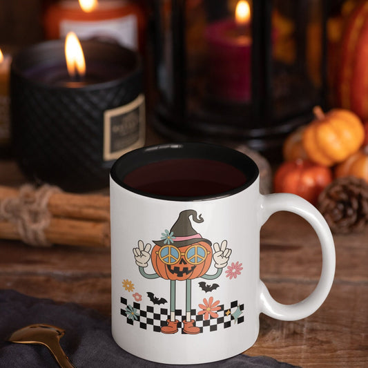Retro Pumpkin Giving Peace Sign  Mug, Vintage Vibes Pumpkin Mug, Retro Autumn Mug, 70's Style Peace Pumpkin Mug, Collectible Art Mug