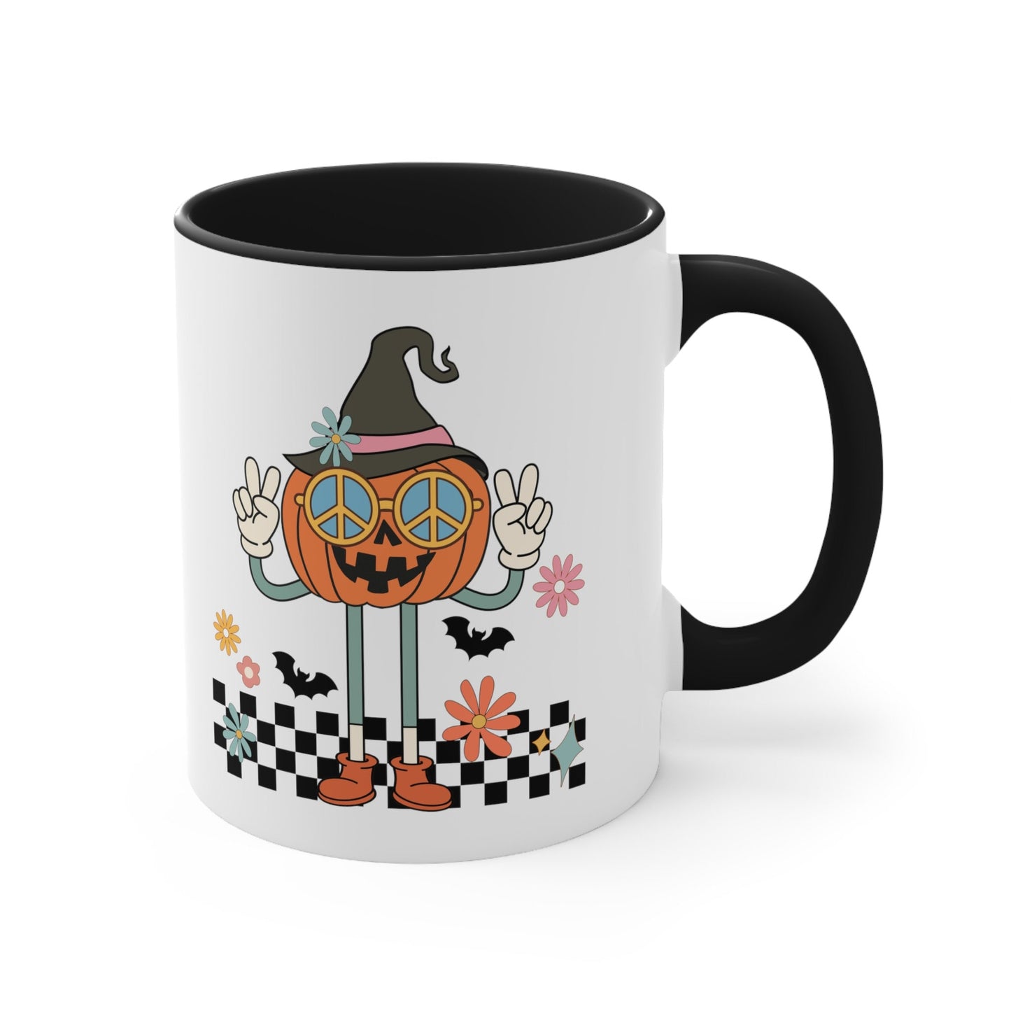 Retro Pumpkin Giving Peace Sign  Mug, Vintage Vibes Pumpkin Mug, Retro Autumn Mug, 70's Style Peace Pumpkin Mug, Collectible Art Mug